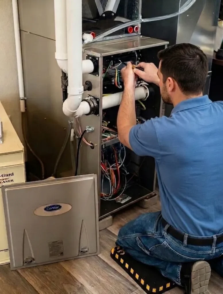 Technician servicing a furnace with exposed wiring and ducts.