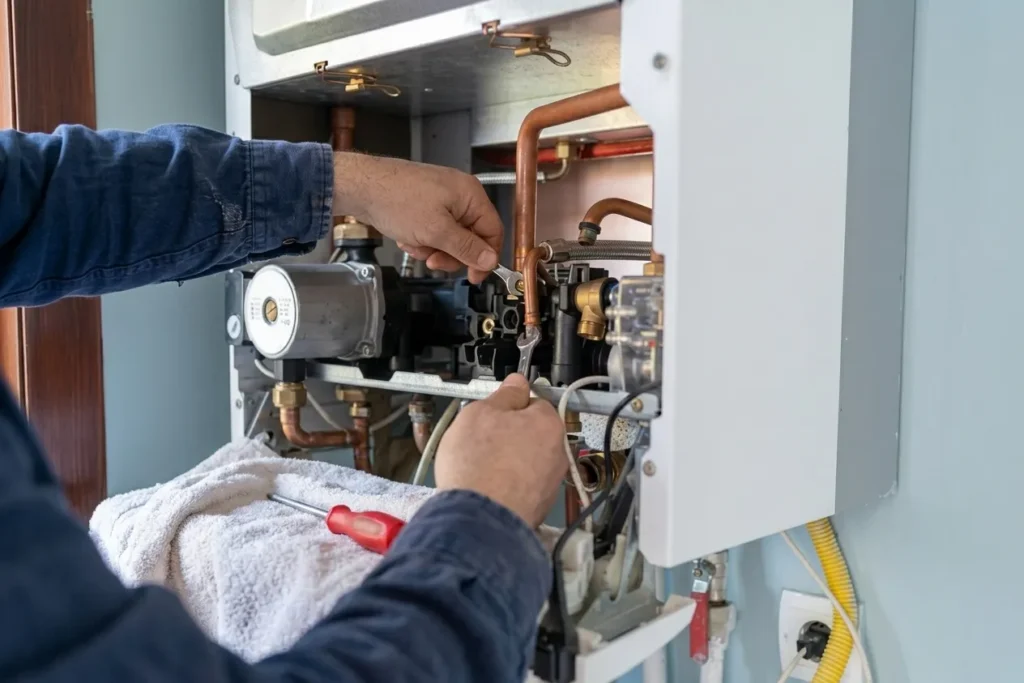 Technician repairing a boiler with copper pipes and tools.