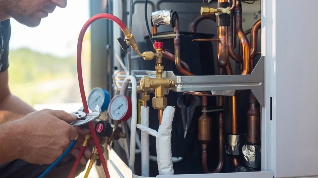 Technician working on HVAC system with pressure gauges and tools.
