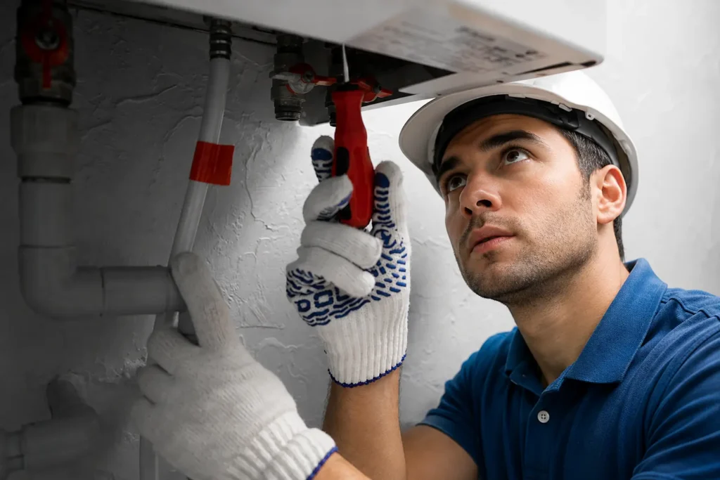 Professional technician performing heating repair in South Dartmouth, MA, inspecting pipes and heating system components while wearing a blue polo shirt and safety helmet.