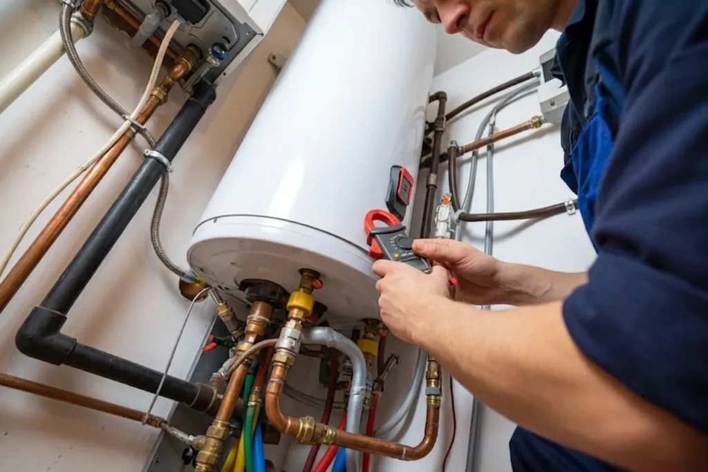 Technician inspecting a water heater with tools and gauges.