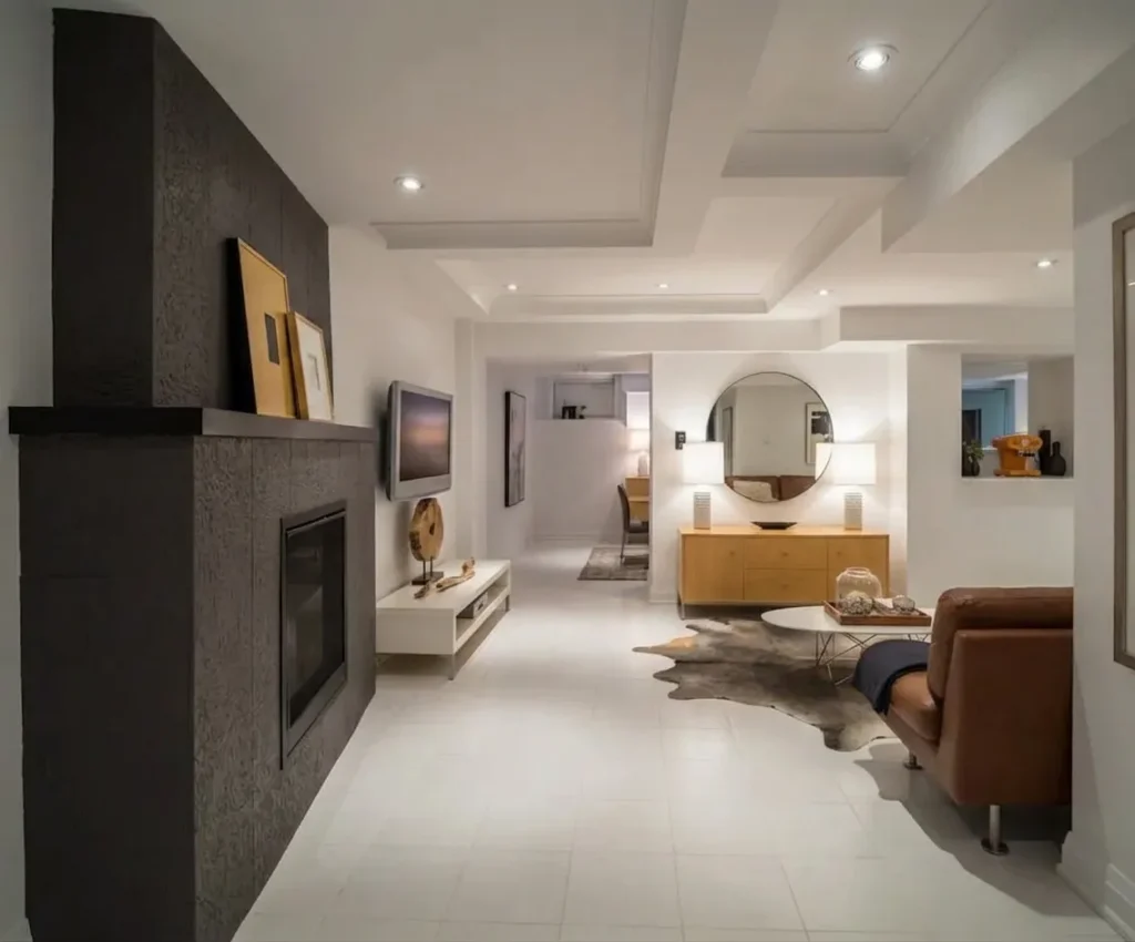 Modern living room layout showing how to heat and cool a finished basement.