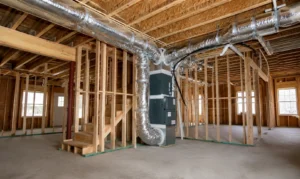 Interior view of a partially constructed home with exposed framing and ductwork.