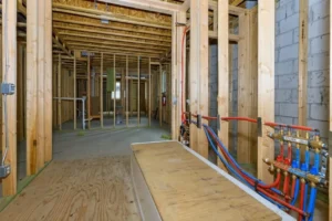 Interior view of a home under construction with exposed wooden framing and plumbing setup.