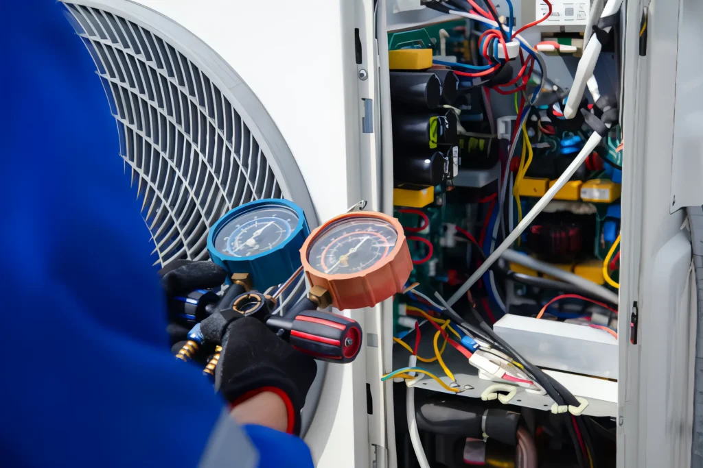 Technician using gauges to service HVAC system components.