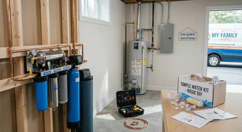 Licensed local plumber for water filtration installing a whole-house water filtration system with multiple filter stages and water treatment components in a residential utility room.