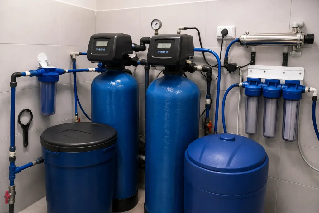 Massachusetts well water filtration system with dual treatment tanks, sediment filters, and water purification components installed in a residential utility room.