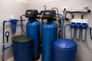 Massachusetts well water filtration system with dual treatment tanks, sediment filters, and water purification components installed in a residential utility room.