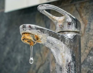 Close-up of a rusty bathroom faucet with water dripping.