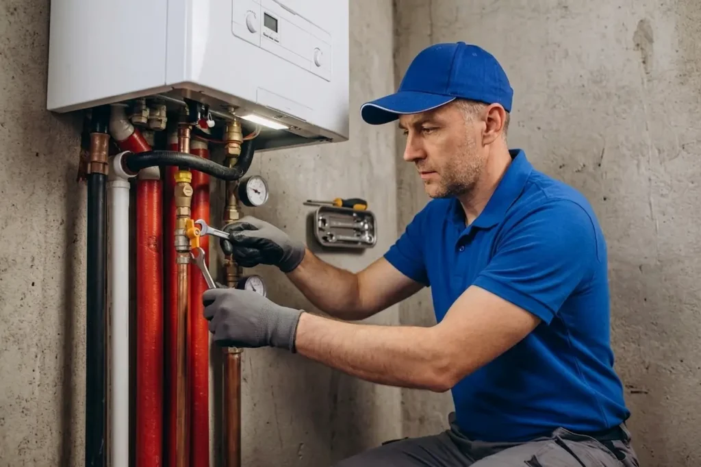 Plumber repairing a boiler system with tools in a utility room.