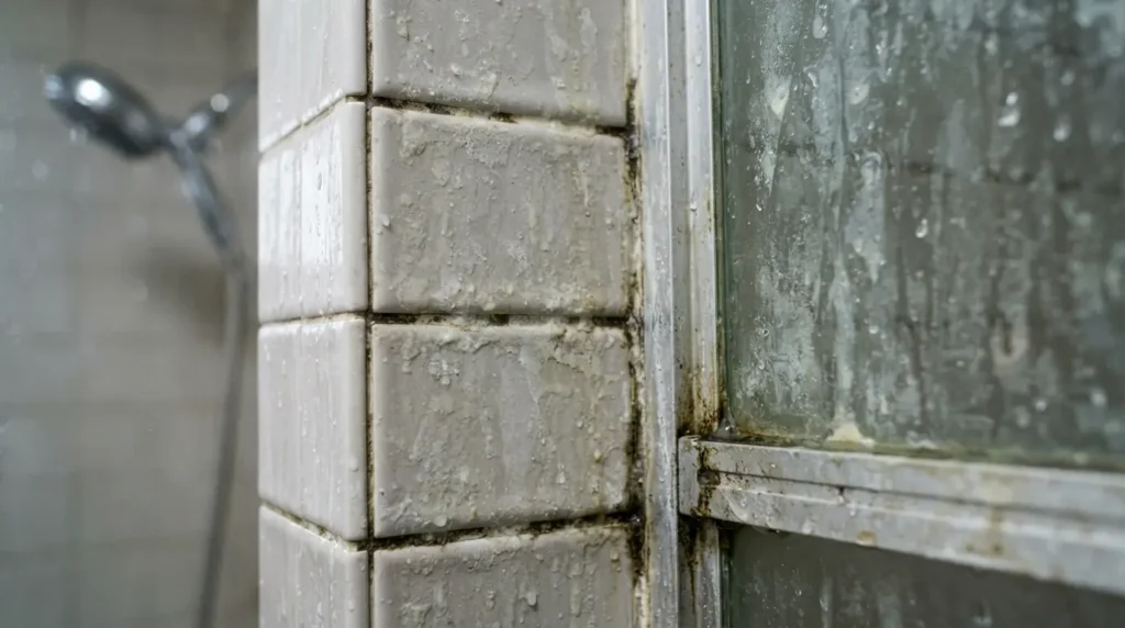Heavy soap scum and hard water scale buildup on shower tile and glass door requiring a water softener solution.