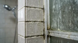 Heavy soap scum and hard water scale buildup on shower tile and glass door requiring a water softener solution.
