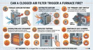 Infographic explaining how a clogged air filter can trigger a furnace fire.