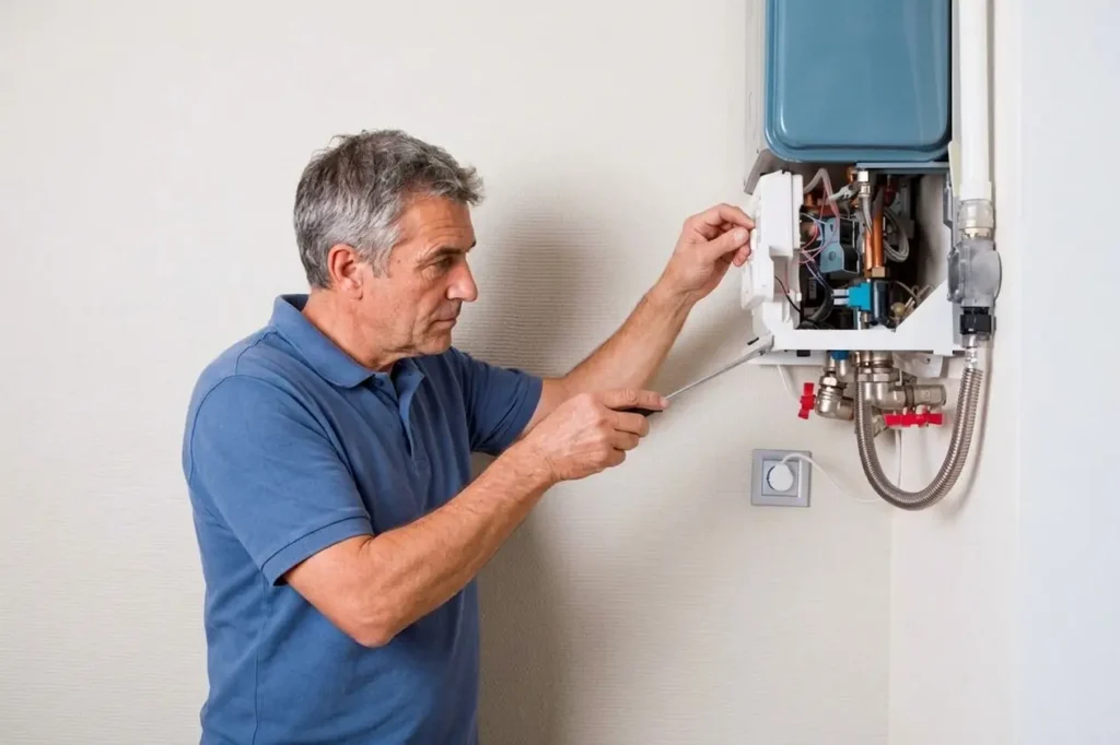 Technician servicing a wall-mounted water heater.