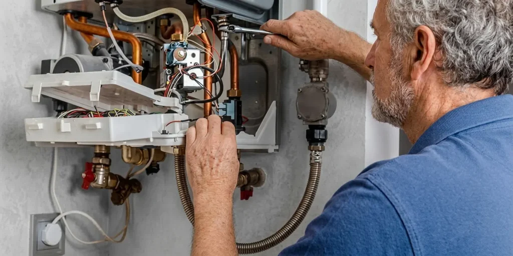 Technician repairing a complex heating system with tools