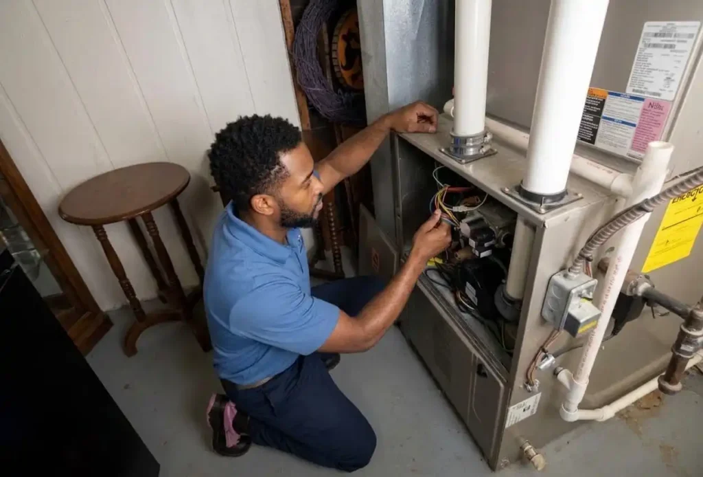 Technician servicing a furnace in a residential setting.