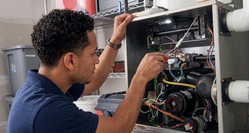 Technician repairing a furnace with various wires and tools in a mechanical room.