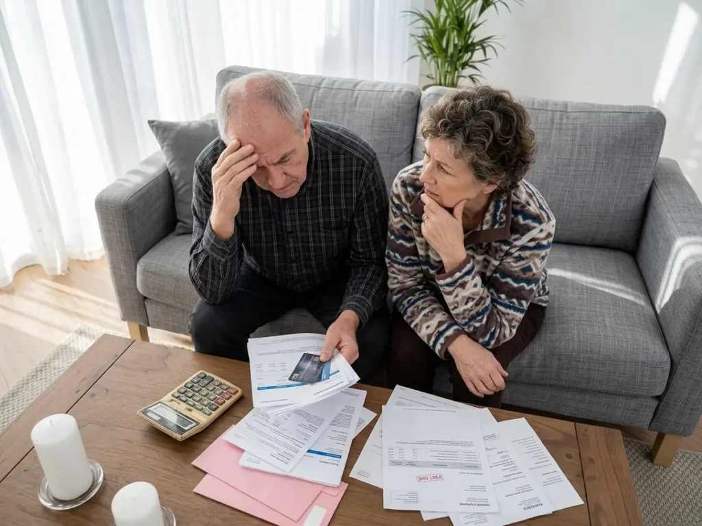 Stressed senior couple review high summer electric bill on couch with calculator.