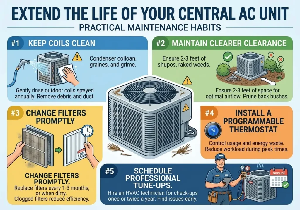 Infographic outlining tips for extending the life of a central AC unit.