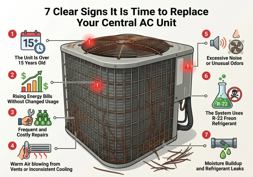 Infographic detailing 7 signs to replace your central AC unit.