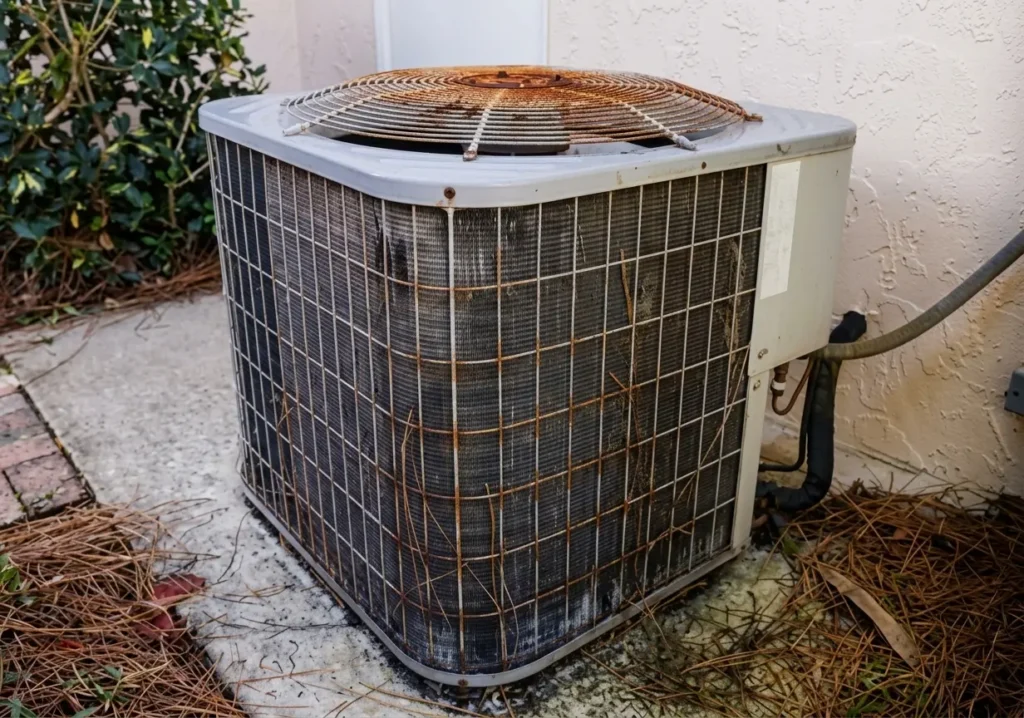 Old outdoor HVAC unit showing wear, illustrating how long does a central AC unit last before needing replacement.