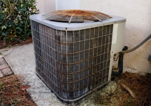 Old outdoor HVAC unit showing wear, illustrating how long does a central AC unit last before needing replacement.