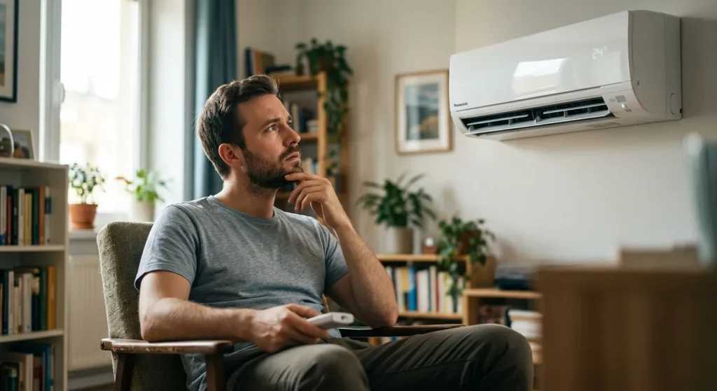 Man holding a remote control and thinking about how long central AC lasts while looking at a modern wall-mounted AC unit in a living room.