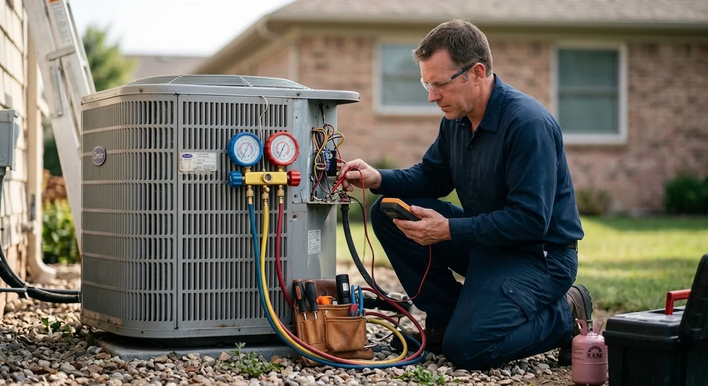 Technician servicing an outdoor air conditioning unit with tools and gauges.