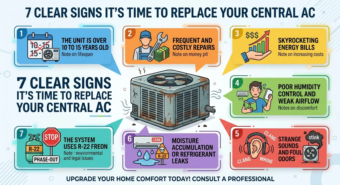 Infographic outlining seven signs to replace your central AC unit.