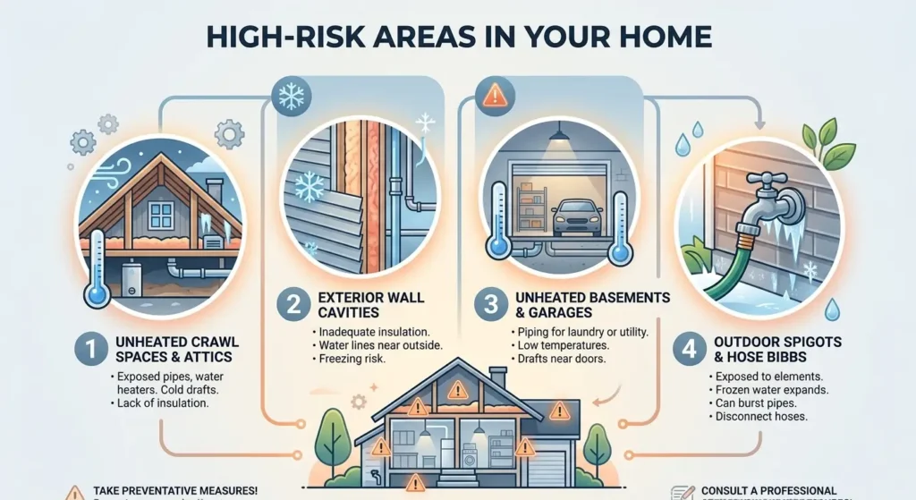 Infographic highlighting high-risk areas in homes for cold weather damage.