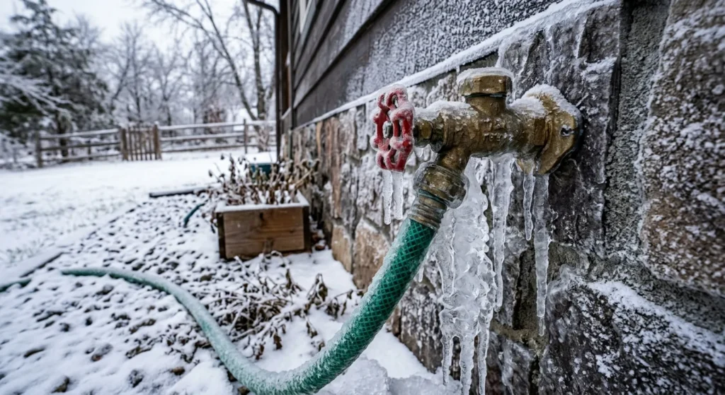Frozen outdoor spigot encased in icicles with a garden hose attached during winter weather, illustrating how to prevent frozen pipes.