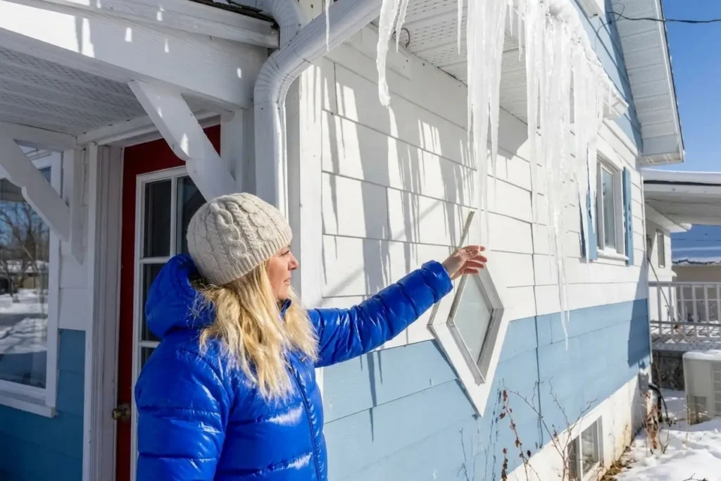 Woman in a blue jacket pointing at icicles hanging from a house.
