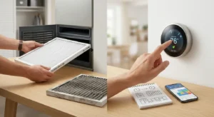 Person replacing air filter and adjusting smart thermostat in a modern home.