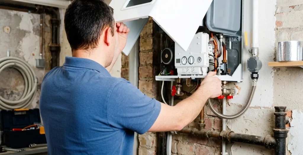 Technician repairing a gas boiler in a residential setting.