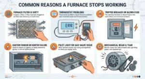 Infographic illustrating common issues that cause furnace malfunctions.