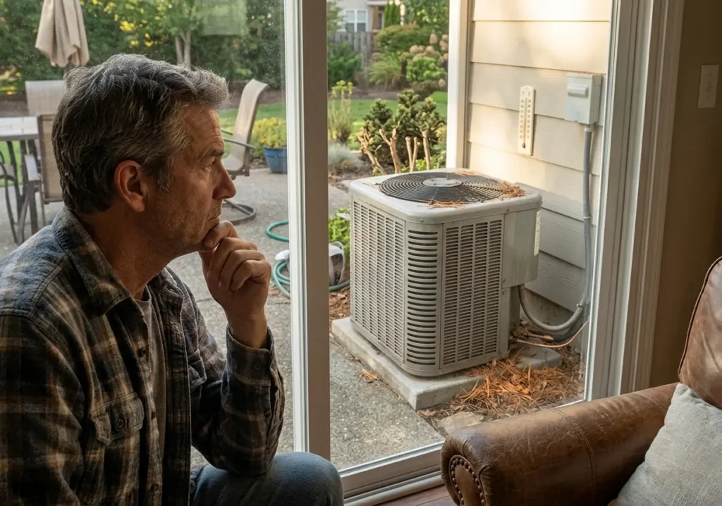 Man contemplating air conditioning unit near window in home setting.