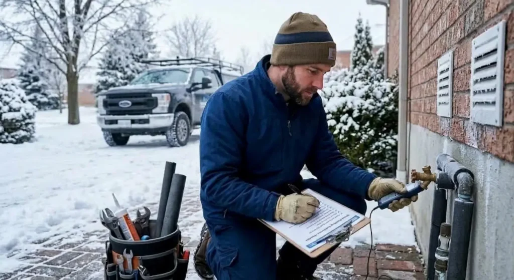 Plumber inspecting pipes outside a home in snowy weather.