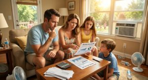 Family reviewing monthly electric bill in a sunny living room