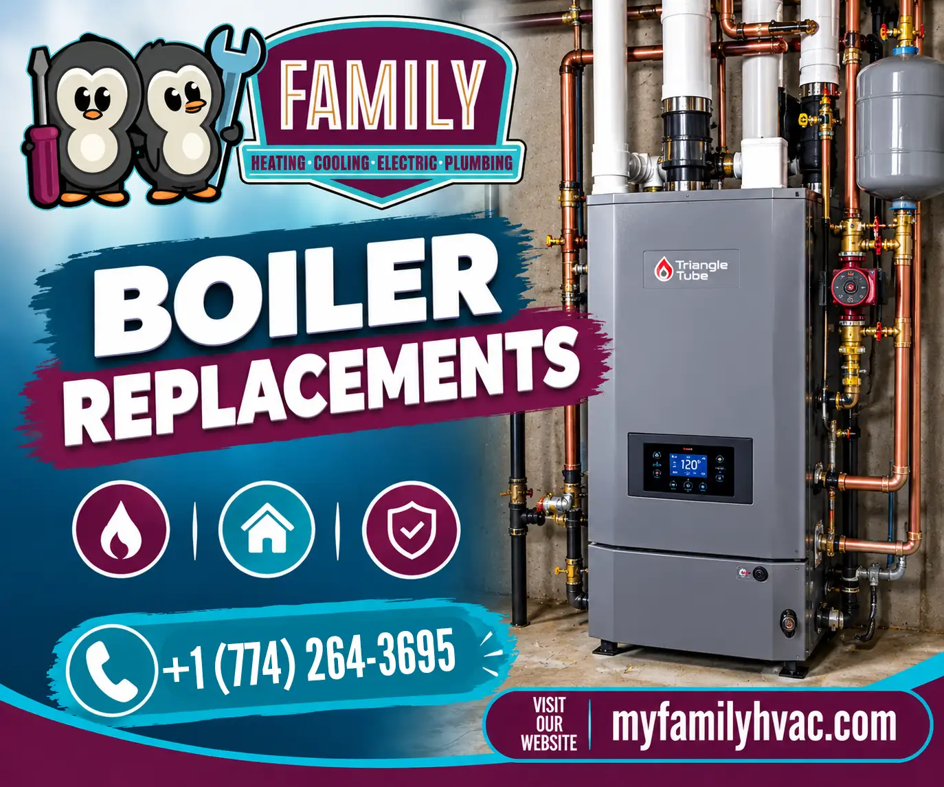 Family Heating Cooling Electric and Plumbing professional boiler replacements for reliable home heating