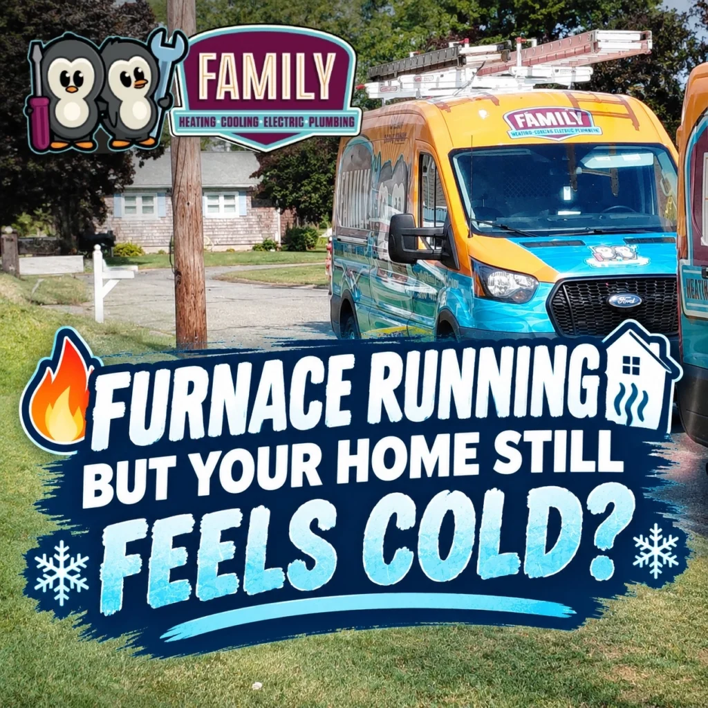 Family Heating and Cooling service van outside a home with a furnace service promotion.