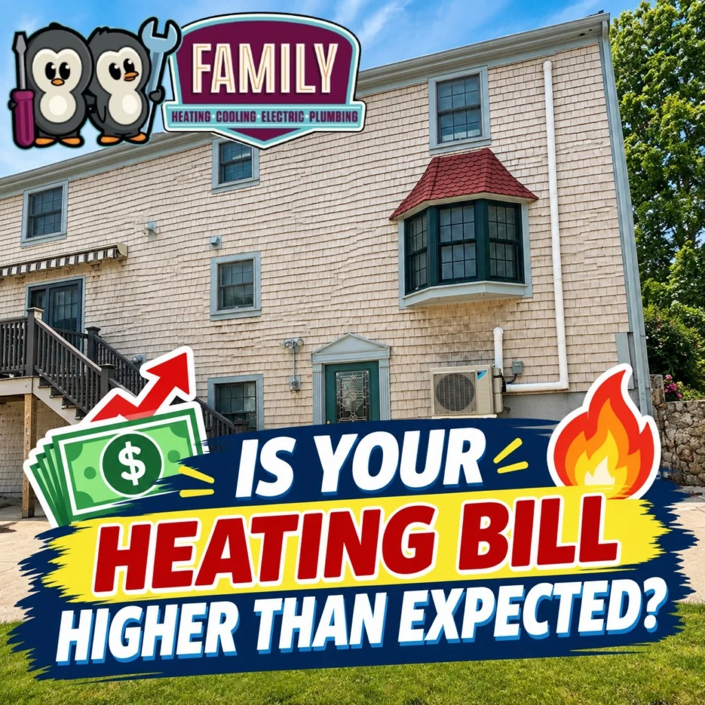 Exterior of a house with a heating bill inquiry graphic and plumbing service branding.