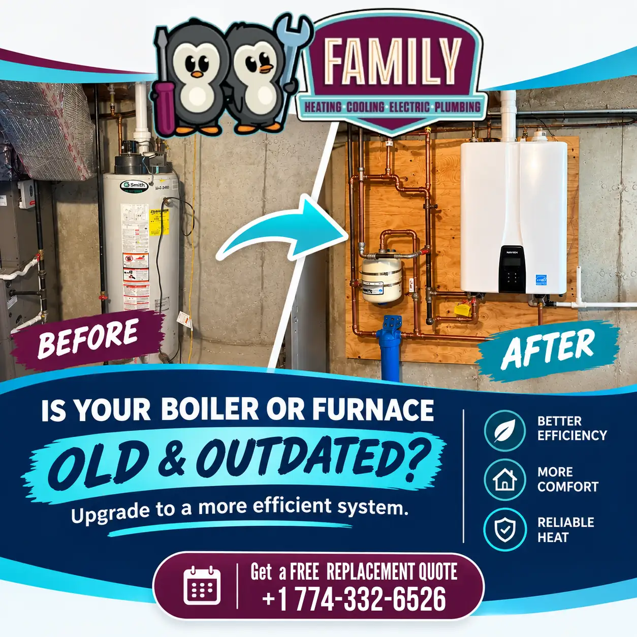 Family Heating Cooling Electric and Plumbing professional boiler and furnace upgrade before and after installation