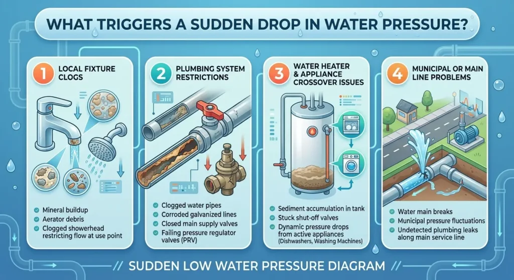 Diagram illustrating causes of sudden water pressure drop, including fixture clogs and plumbing issues.