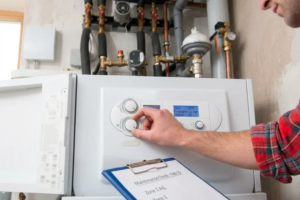Close-up of a person adjusting a boiler control panel with a clipboard nearby.