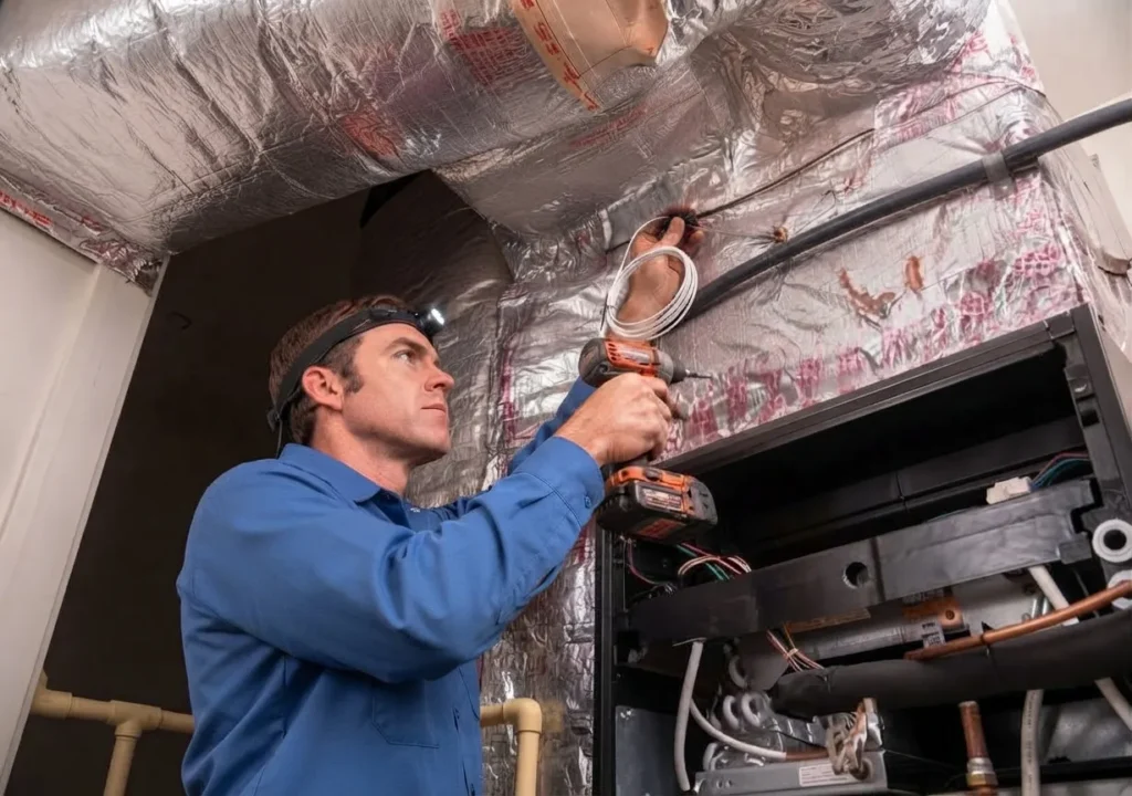 A focused technician in a blue uniform and headlamp repairs a complex HVAC unit, using a drill and wires, to troubleshoot disruptive heat pump noises.
