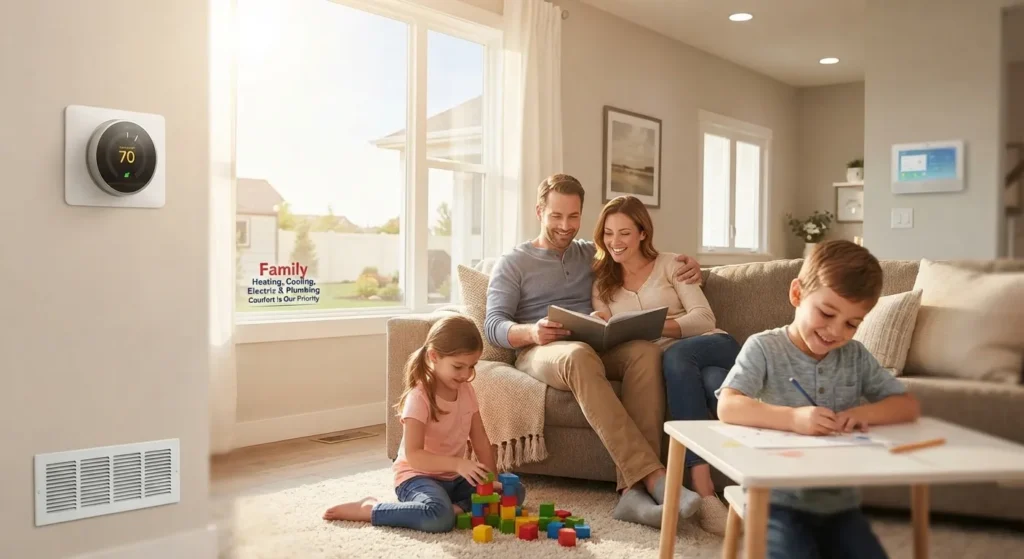 Family enjoying time together in a cozy living room with a smart thermostat.