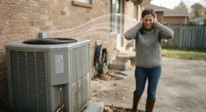 A distressed homeowner covering their ears in a suburban backyard, standing next to a large outdoor heat pump unit, visually representing the disruptive impact of loud heat pump noises.