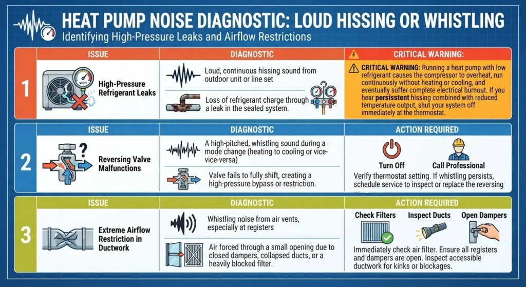 Infographic on diagnosing heat pump noise issues, including leaks and airflow restrictions.