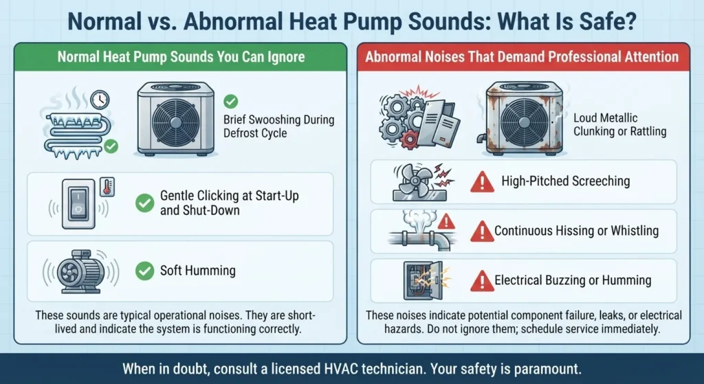 Comparison chart of normal vs. abnormal heat pump sounds with descriptions.