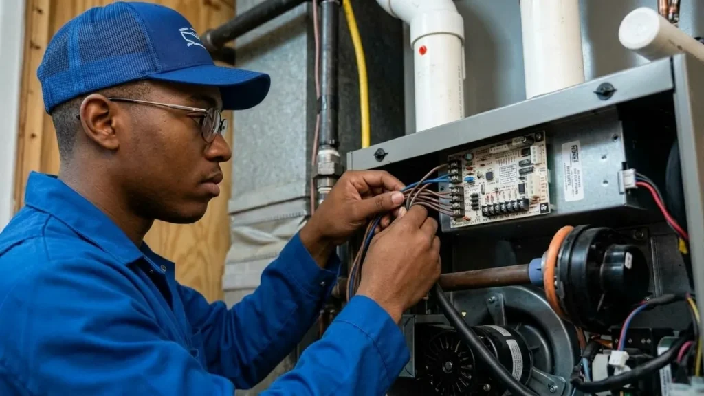 Technician wiring a control panel in a heating system.